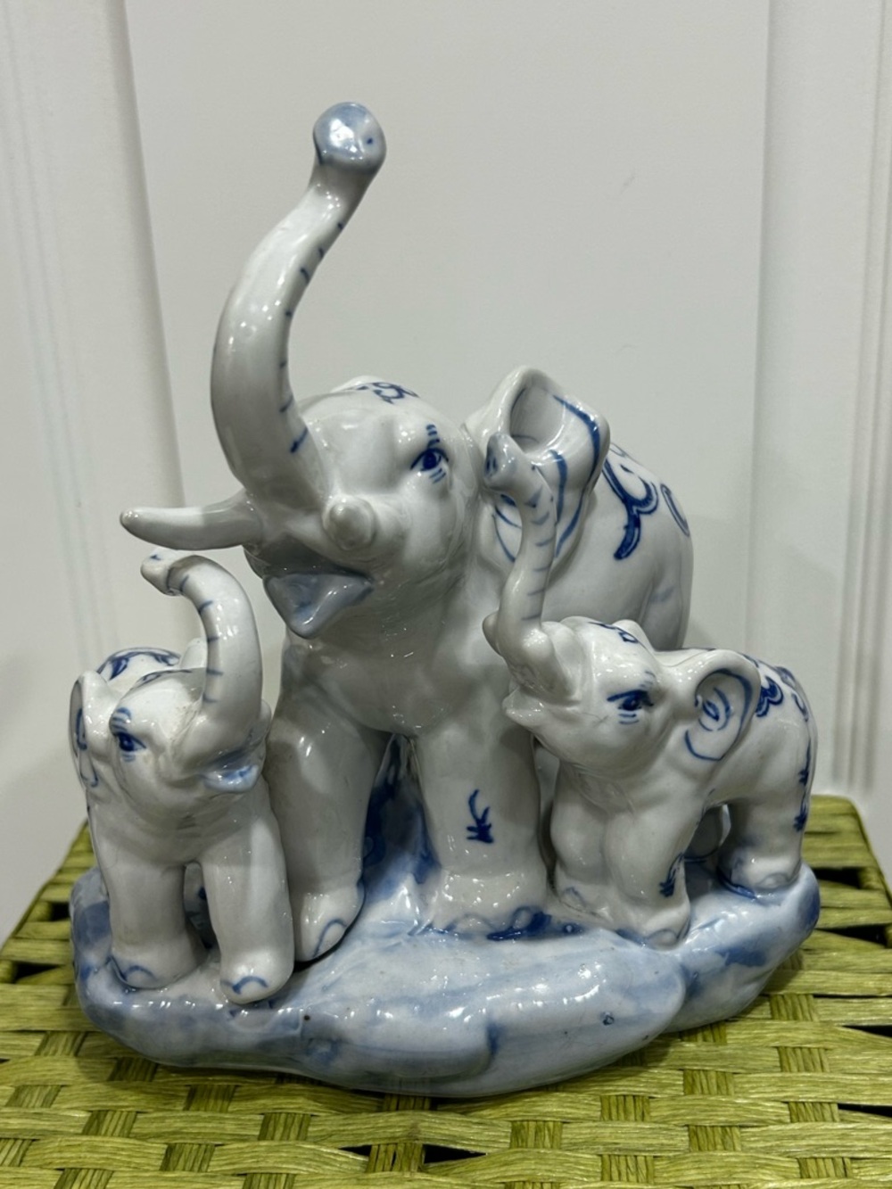 Blue & White Porcelain Elephant Family Figurine Trunk Up Good Luck Decor